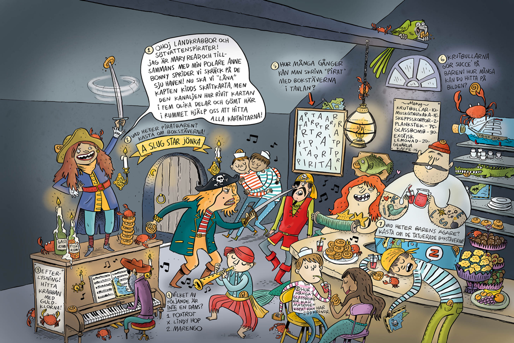 Här har illustratören Johanna Kristiansson skapat ett piratklur som har funnits i en KP tidning och är själva idéen till manuset till denna piratbok efter att författaren Mårten Melin såg bilden.
